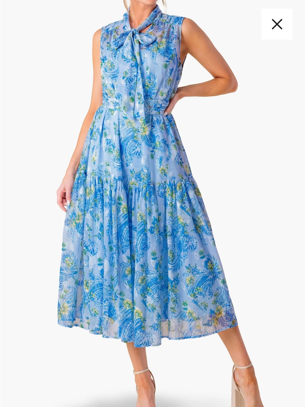 Paisley Tie Neck Sleeveless Chiffon Midi Dress